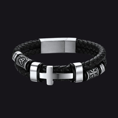 Celtic knot cross leather braided wristband bracelet for men, front view on black
