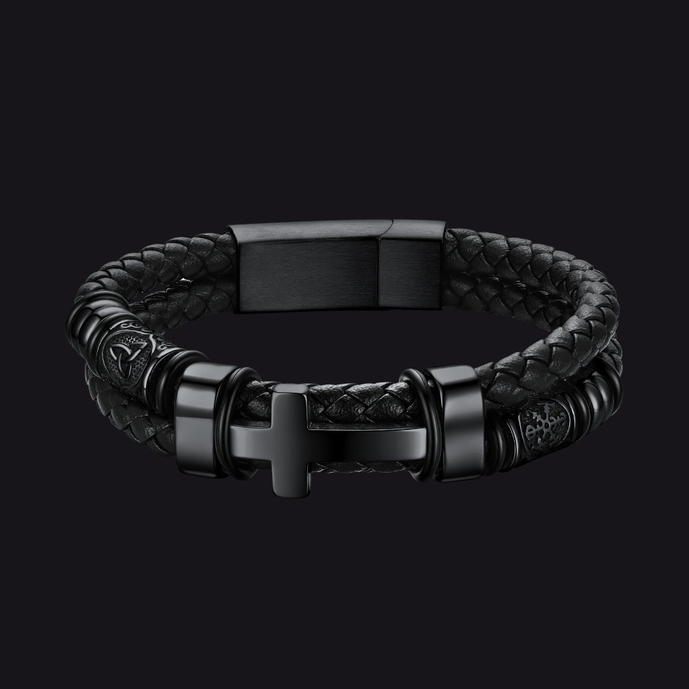 Celtic knot cross leather braided wristband bracelet for men, front view on black