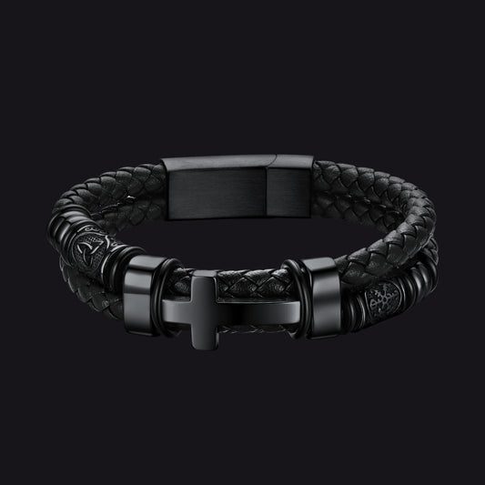 Celtic knot cross leather braided wristband bracelet for men, front view on blackimg