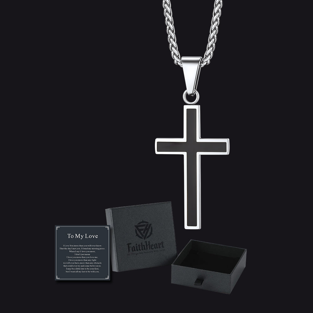 Men's Black Enamel Cross Necklace with Gift Box & Love Card