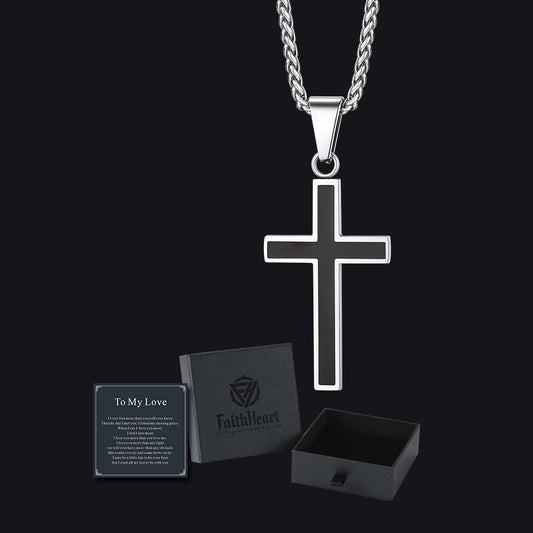 Men's Black Enamel Cross Necklace with Gift Box & Love Cardimg
