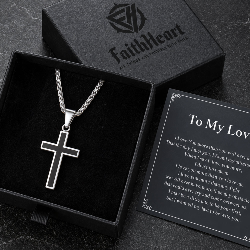 Men's Black Enamel Cross Necklace with Gift Box & Love Card