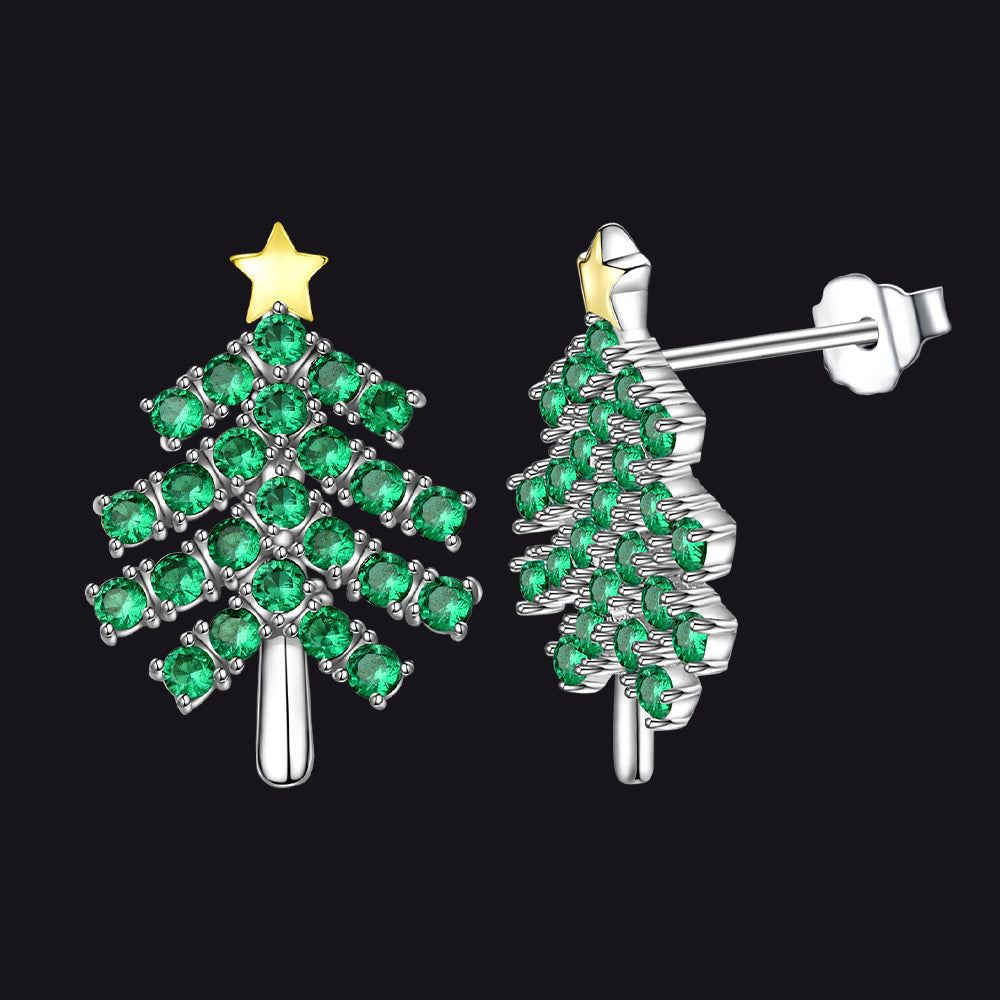 Christmas Tree Star Stud Earrings Gold Plated Silver Cubic Zirconia