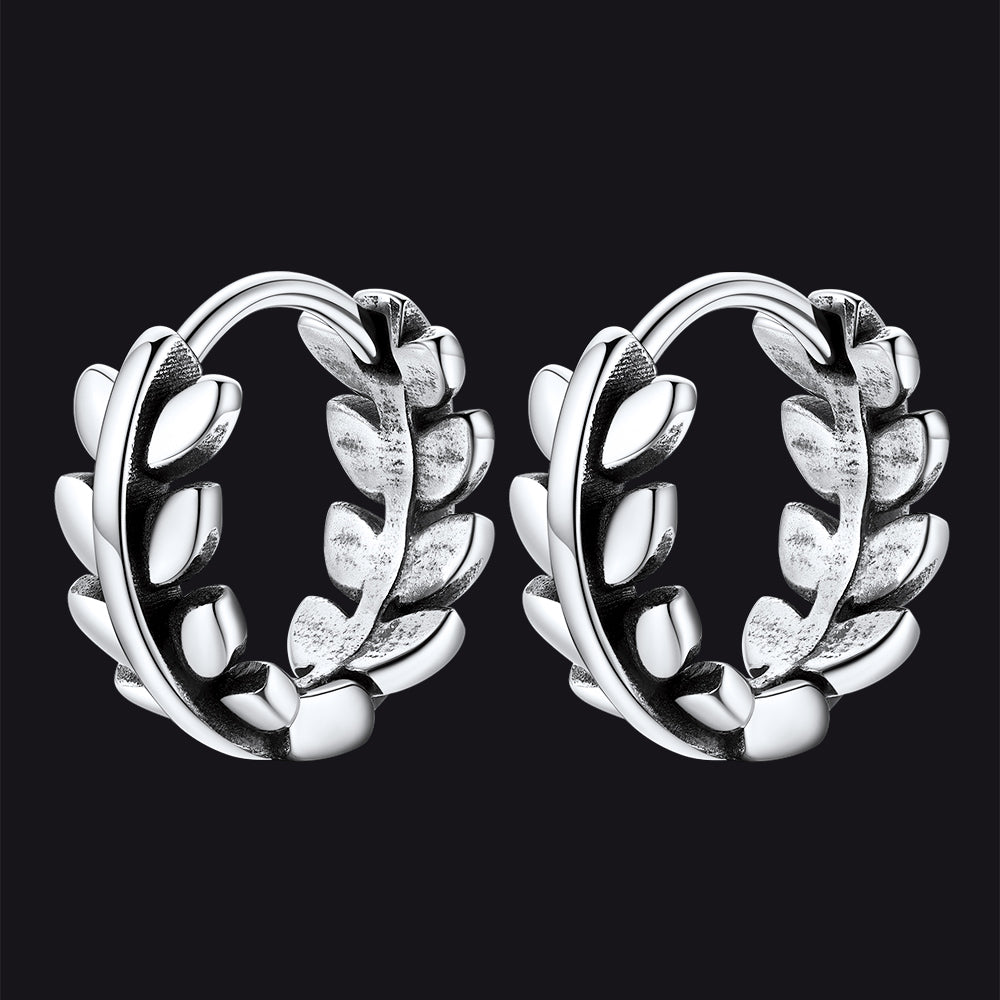 Sterling Silver Small Chunky Leaf Hoop Huggie Earrings for Men Women