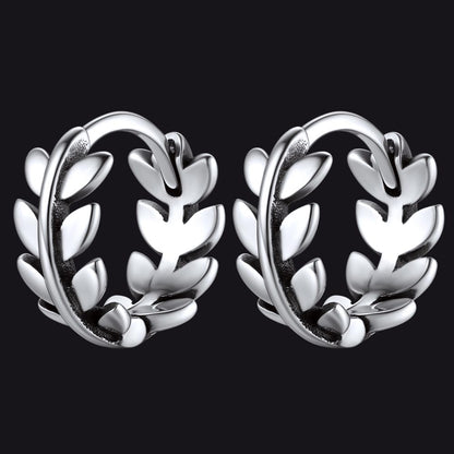 925 Sterling Silver Small Chunky Hoop Leaf Earrings for Men Women