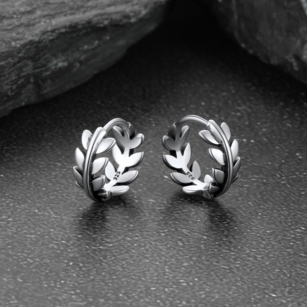 925 Sterling Silver Small Chunky Hoop Leaf Earrings for Men Women