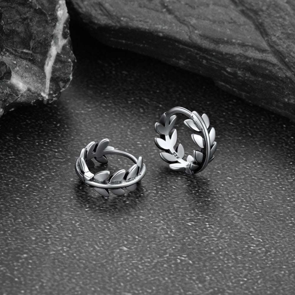 925 Sterling Silver Small Chunky Hoop Leaf Earrings for Men Women