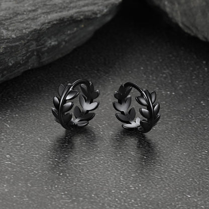 925 Sterling Silver Small Chunky Hoop Leaf Earrings for Men Women