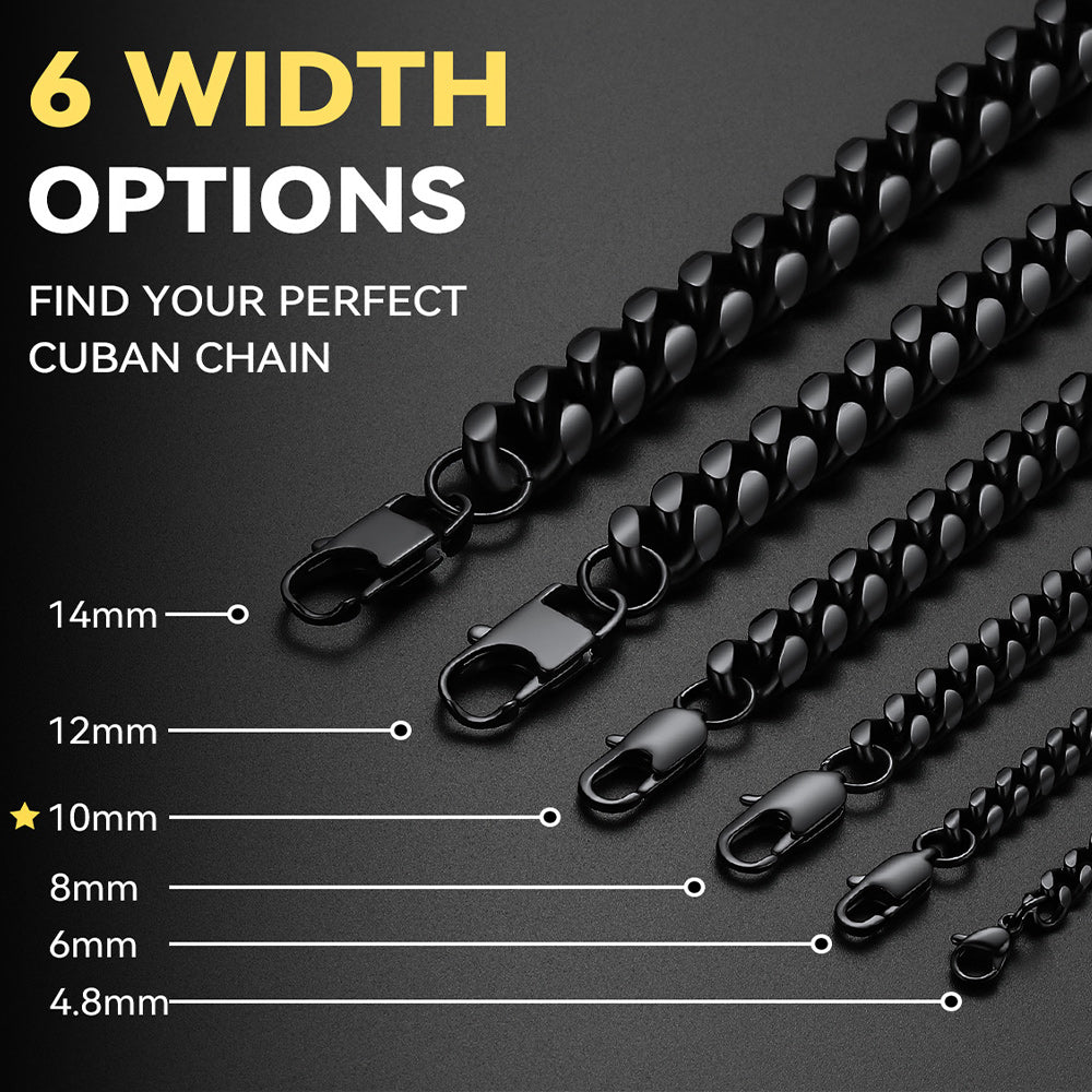 Black Cuban link chain necklace options shown in six widths, and size labels from 14mm to 4.8mm on a dark background.