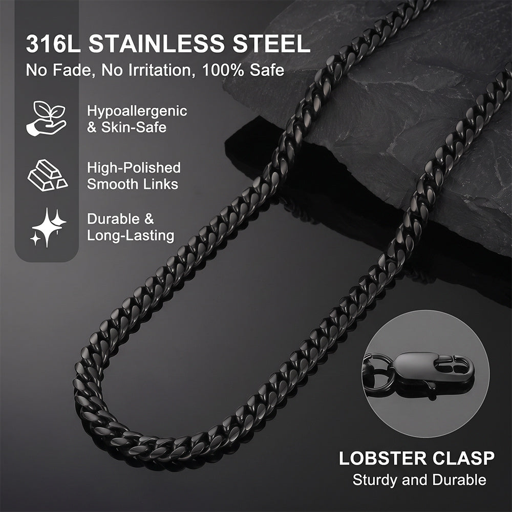 Black stainless steel lobster clasp chain necklace on a dark reflective surface with text highlighting product features and a close-up of the lobster clasp.