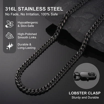 Black stainless steel lobster clasp chain necklace on a dark reflective surface with text highlighting product features and a close-up of the lobster clasp.