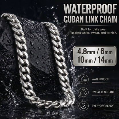 A silver Cuban link chain necklace draped over wet dark rocks, with promotional text reading 'WATERPROOF CUBAN LINK CHAIN' and size information.