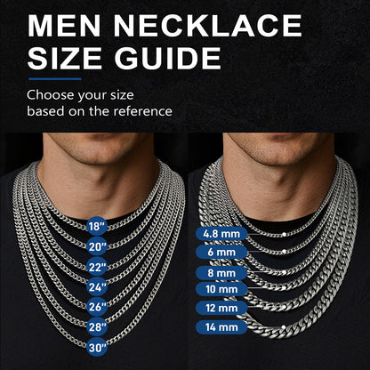 Men's necklace size guide chart showing multiple silver chain necklaces on a model's neck with labeled measurements.