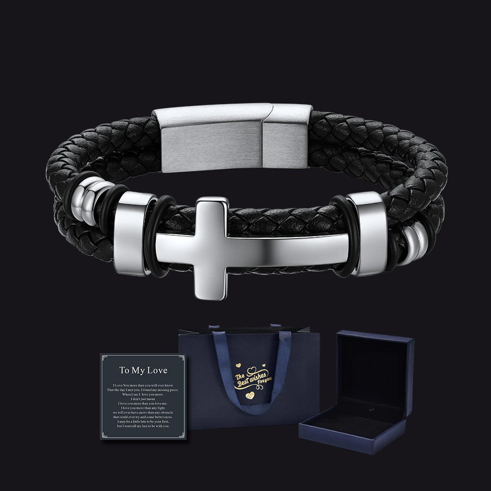 Cross Black Braided Leather Bracelet with Gift Box & Card Set