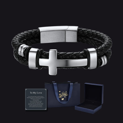 Cross Black Braided Leather Bracelet with Gift Box & Card Set