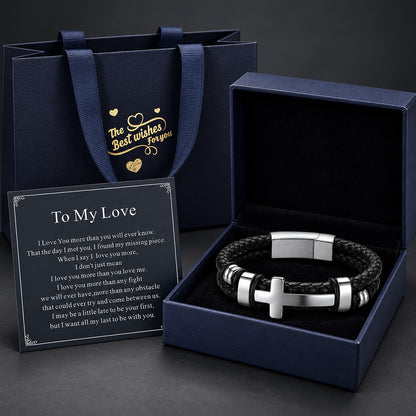 Cross Black Braided Leather Bracelet with Gift Box & Card Set