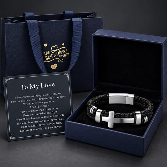 Cross Black Braided Leather Bracelet with Gift Box & Card Setimg
