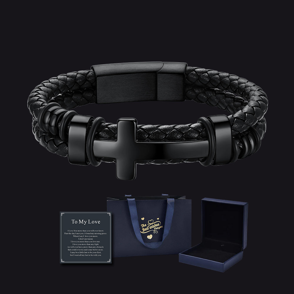Cross Black Braided Leather Bracelet with Gift Box & Card Set