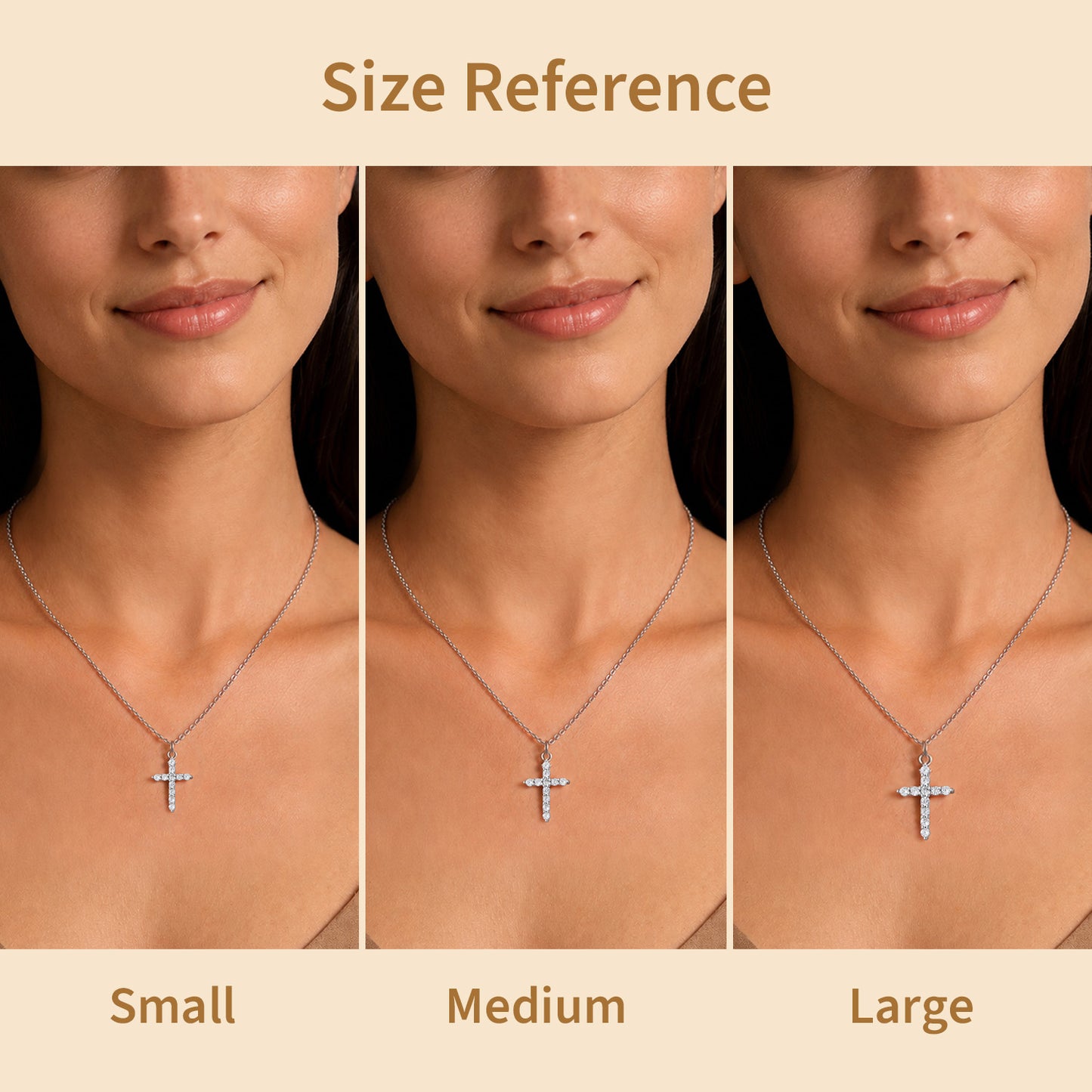 Size reference chart showing three panels of a woman's neck wearing a cross pendant necklace, labeled Small, Medium, and Large.
