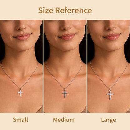 Size reference chart showing three panels of a woman's neck wearing a cross pendant necklace, labeled Small, Medium, and Large.