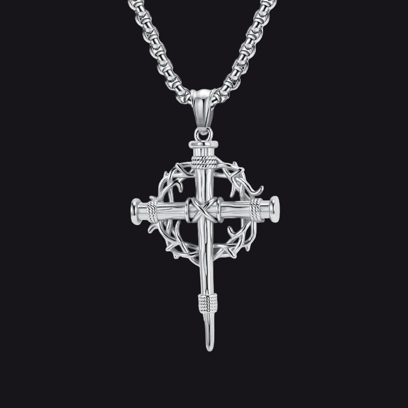 Crown of Thorns & Nail Cross Pendant Necklace for Men