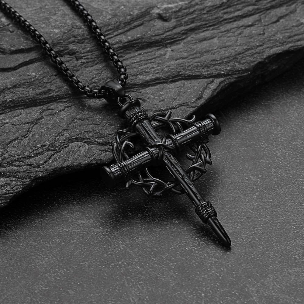Crown of Thorns & Nail Cross Pendant Necklace for Men