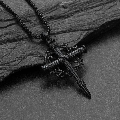 Crown of Thorns & Nail Cross Pendant Necklace for Men