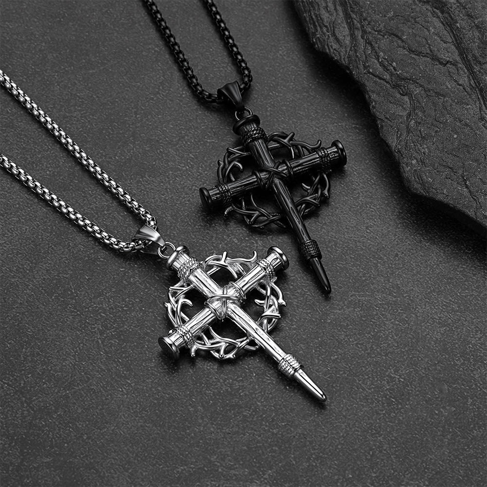 Crown of Thorns & Nail Cross Pendant Necklace for Men
