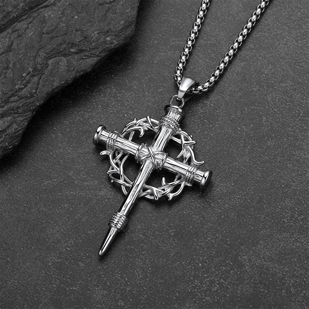 Crown of Thorns & Nail Cross Pendant Necklace for Men
