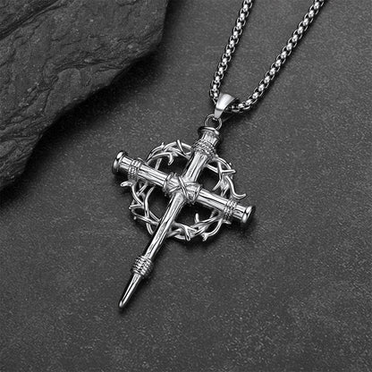 Crown of Thorns & Nail Cross Pendant Necklace for Men