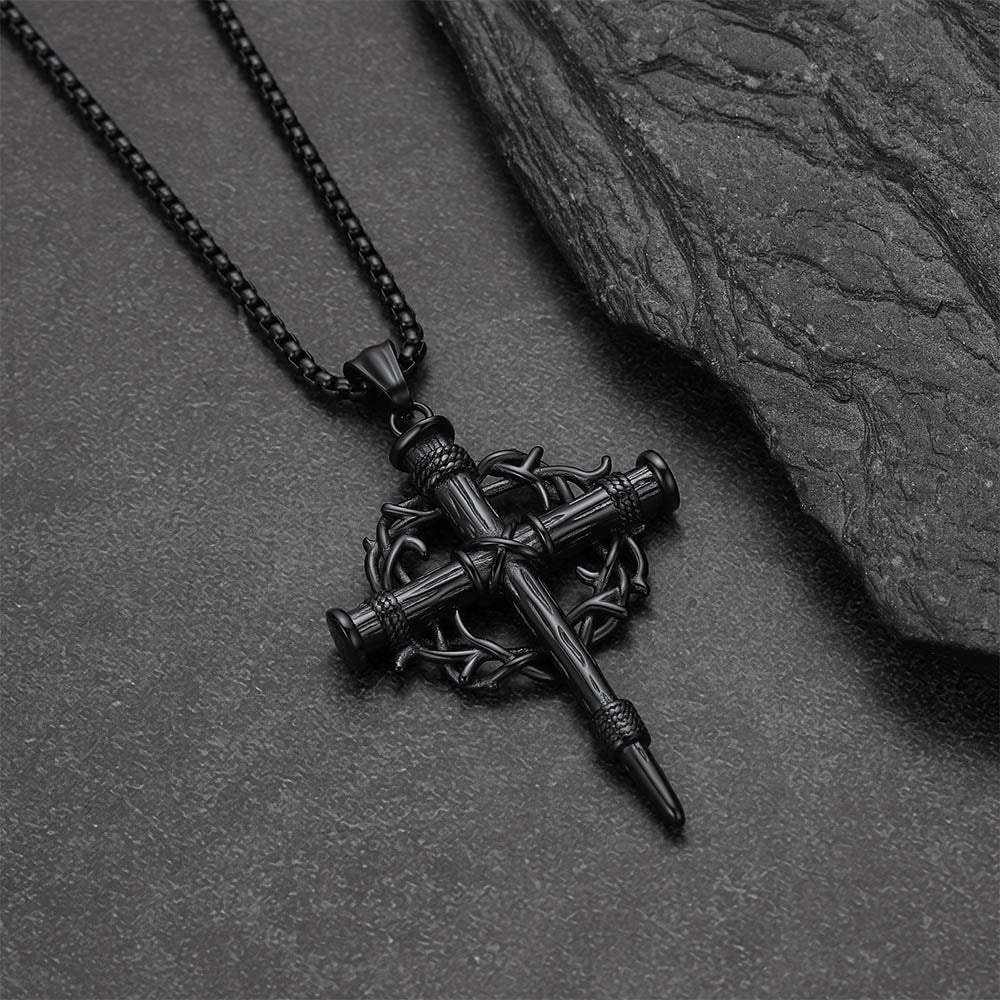 Crown of Thorns & Nail Cross Pendant Necklace for Men