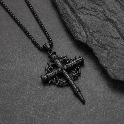 Crown of Thorns & Nail Cross Pendant Necklace for Men