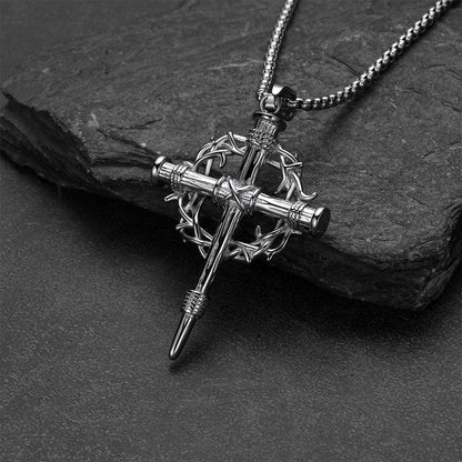 Crown of Thorns & Nail Cross Pendant Necklace for Men