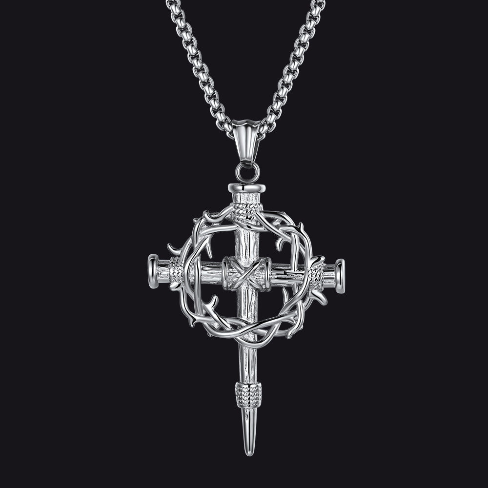 Crown of Thorns & Nail Cross Pendant Necklace for Men