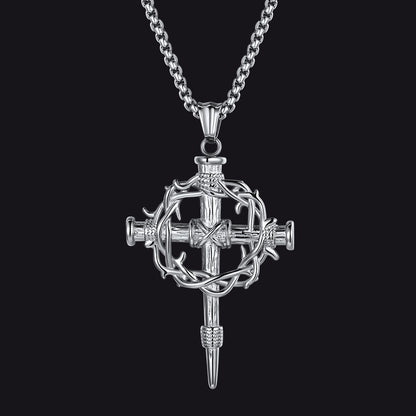 Crown of Thorns & Nail Cross Pendant Necklace for Men