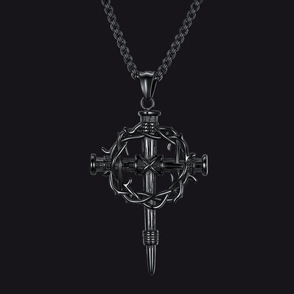 Crown of Thorns & Nail Cross Pendant Necklace for Men