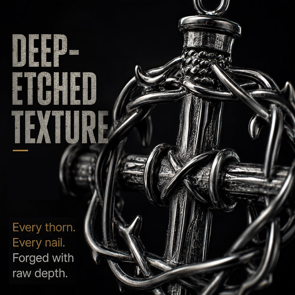 Silver anchor pendant with thorns on a black background, highlighting 'Deep-Etched Texture' feature.