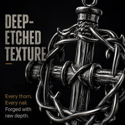 Silver anchor pendant with thorns on a black background, highlighting 'Deep-Etched Texture' feature.