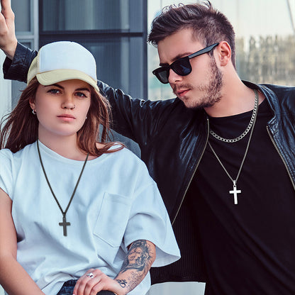 Couple Wearing Silver &Black  Cross Necklace Set