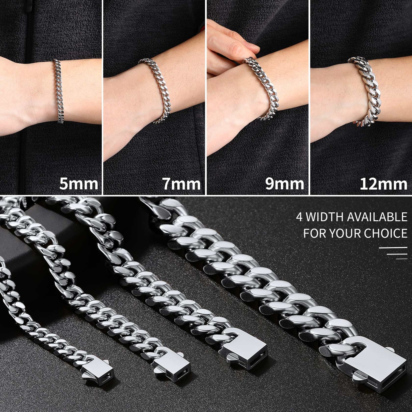 Miami Cuban Link Chain Bracelet for Men 5/7/9/12mm Width Bracelet