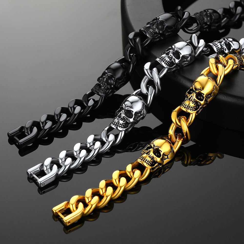 Black gold silver Gothic skull bracelets together