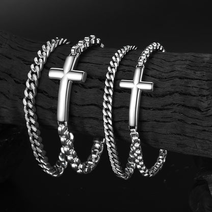 Men's Cuban Link & Cross Box Chain Bracelet Set