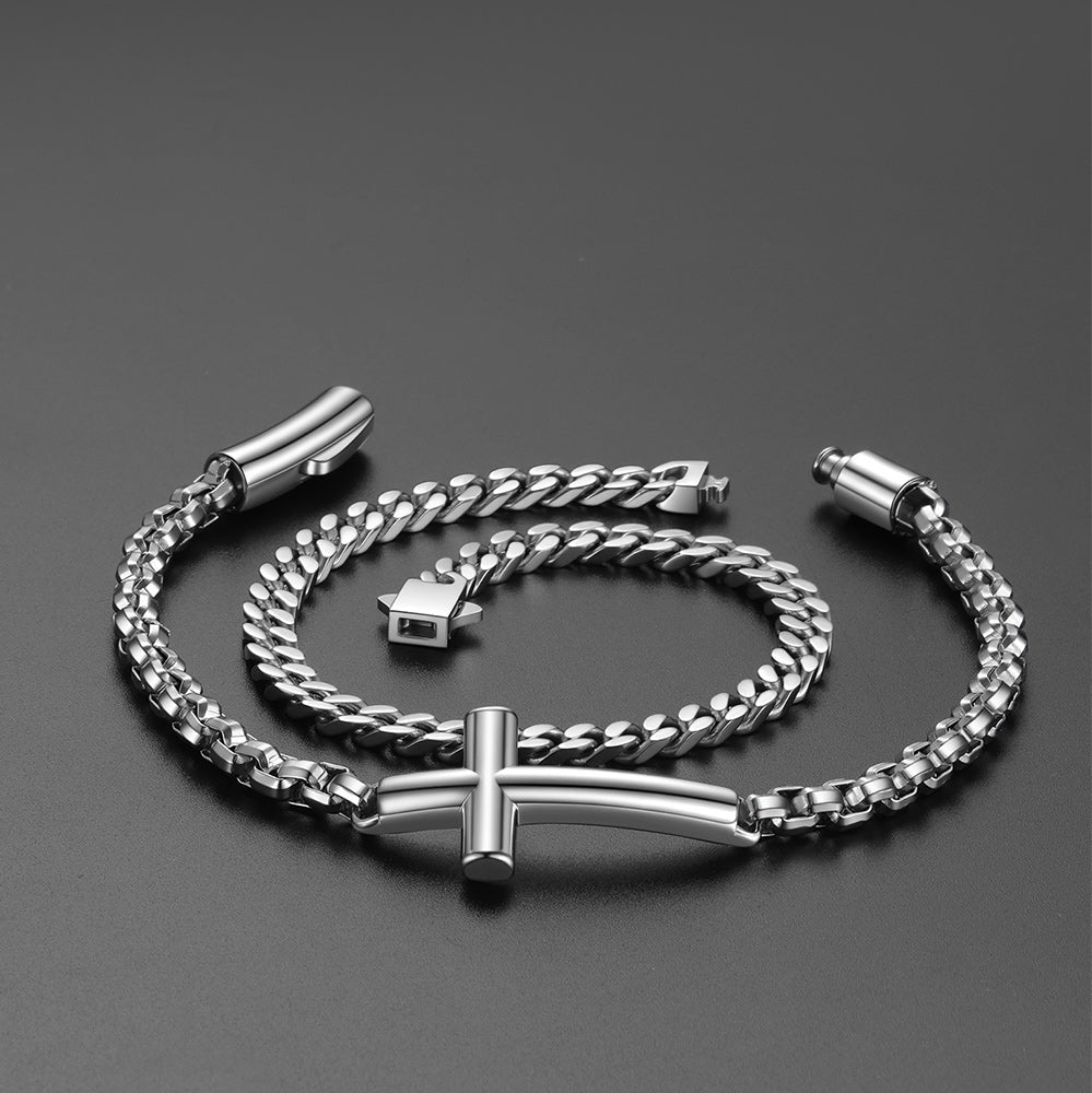 Men's Cuban Link & Cross Box Chain Bracelet Set