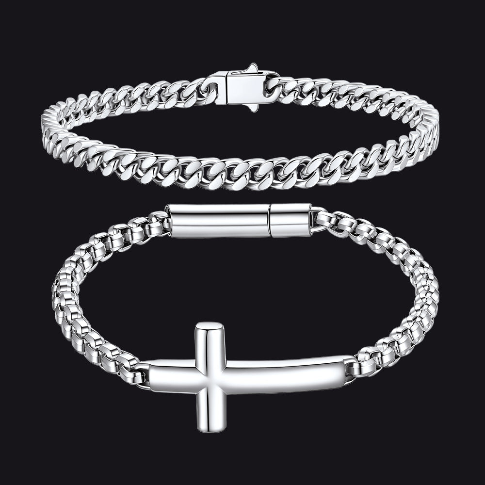 Men's Cuban Link & Cross Box Chain Bracelet Set