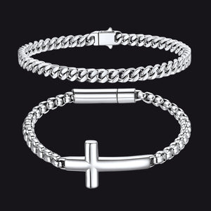 SIlver Men's Cuban Link & Cross Box Chain Bracelet Set
