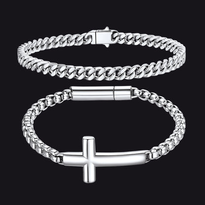 Men's Cuban Link & Cross Box Chain Bracelet Set