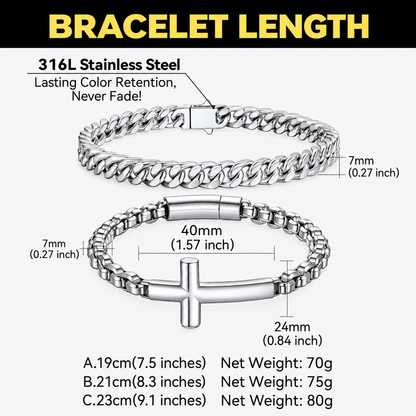 Men's Cuban Link & Cross Box Chain Bracelet Set