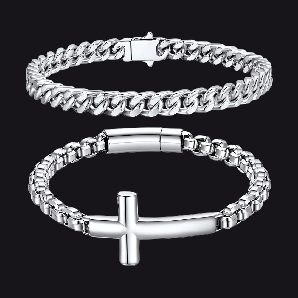SIlver Men's Cuban Link & Cross Box Chain Bracelet Setimg