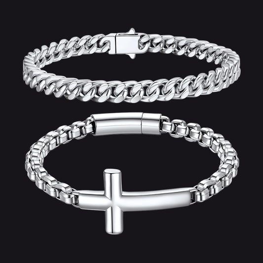 SIlver Men's Cuban Link & Cross Box Chain Bracelet Setimg