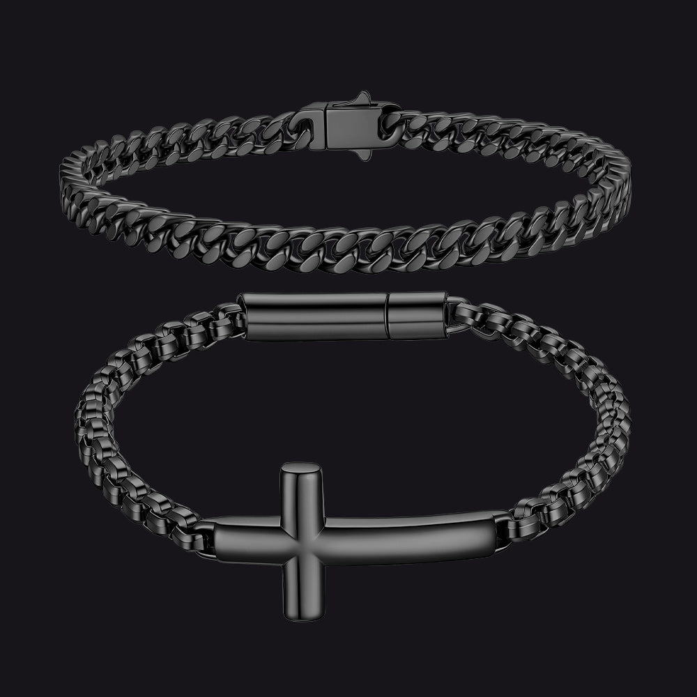 Men's Cuban Link & Cross Box Chain Bracelet Set